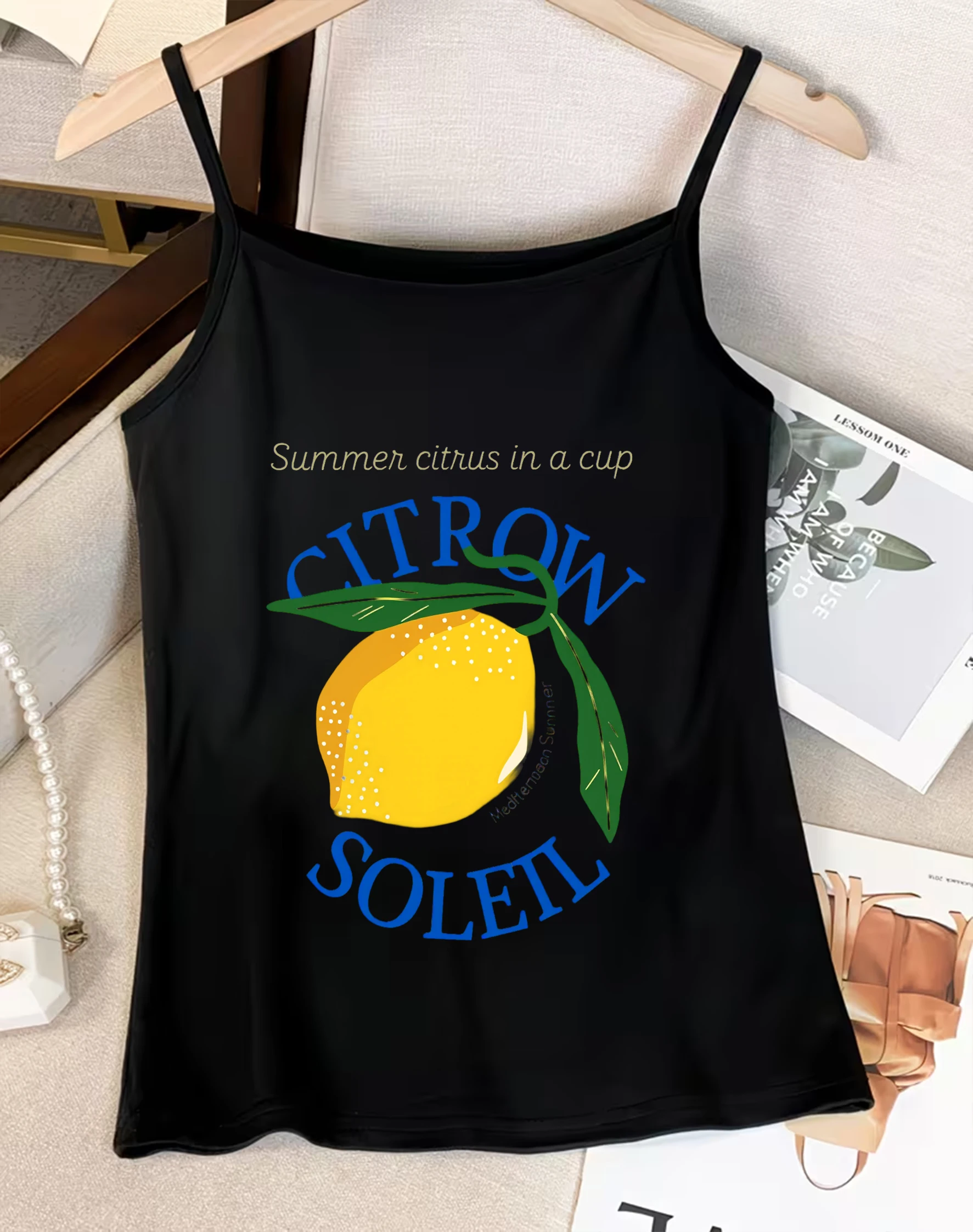 Citron Soleil Graphic Tank Top Cute Fruit Art Cami Y2K Aesthetic Harajuku Streetwear Slim Fit Crop Top Sexy Vest For Women
