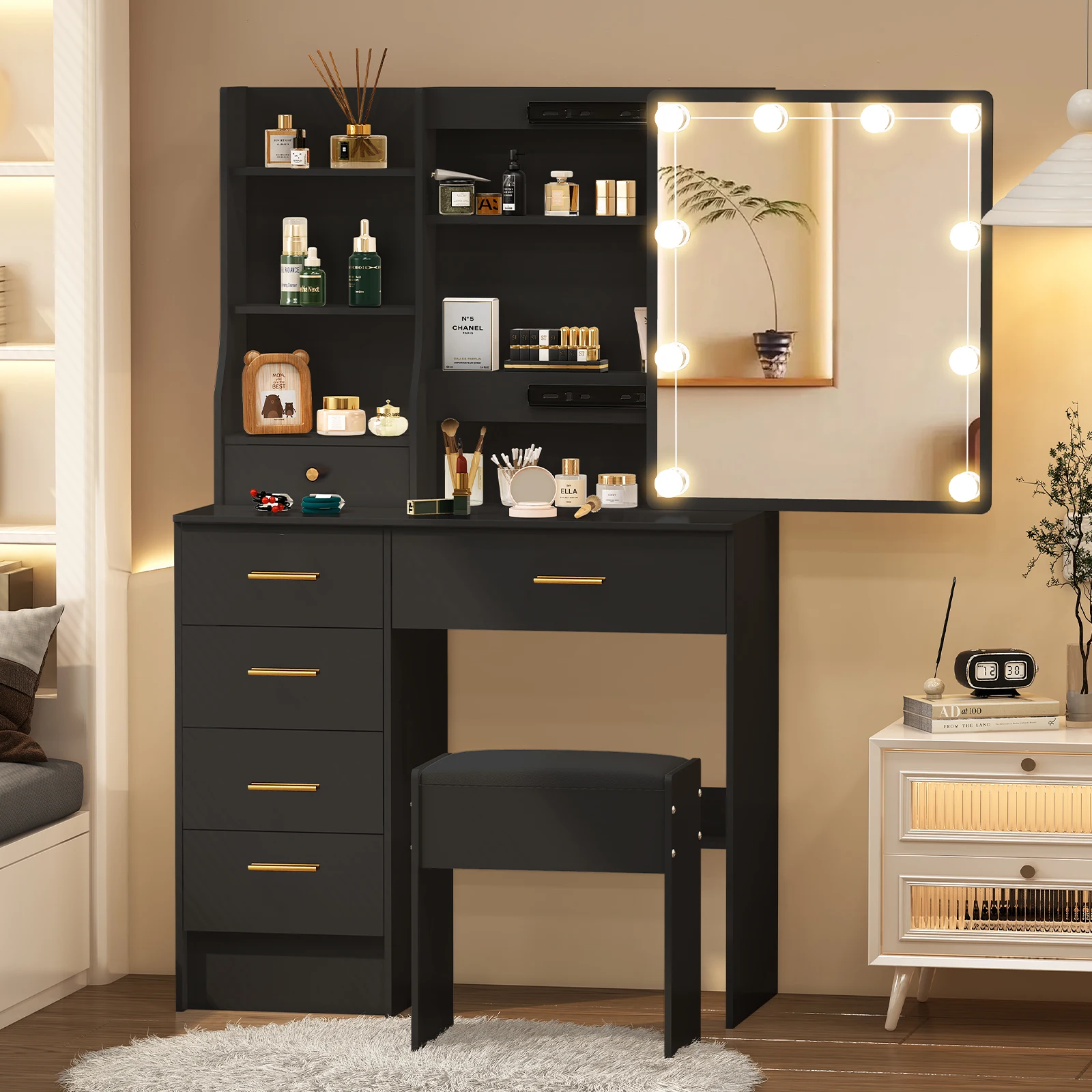 طقم طاولة تزيين مع كرسي مبطن بمرآة مكون من 6 أدراج للمكياج وغرفة النوم #1