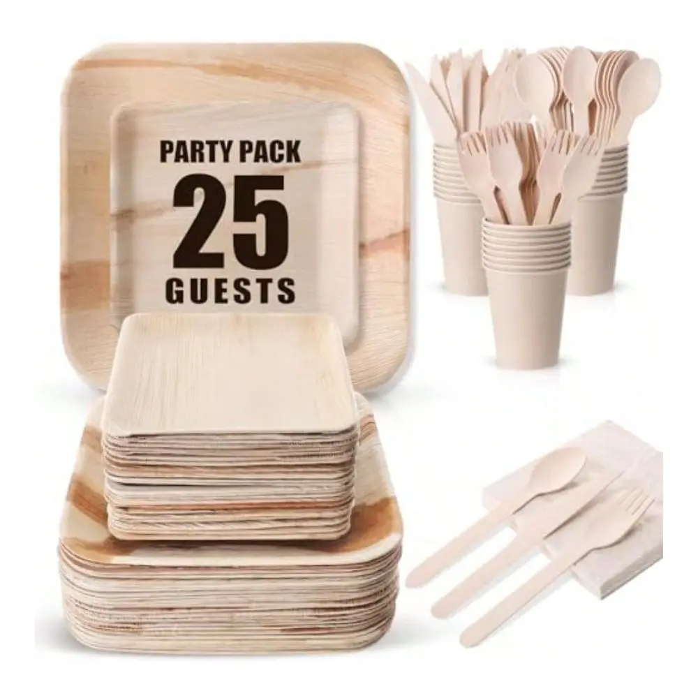 Juego de Platos Desechables de Bambú, Vajilla Compostable de Hoja de Palma, Platos, Cubiertos, Servilletas, Vasos, Juego de Cubiertos de Bambú para Fiestas