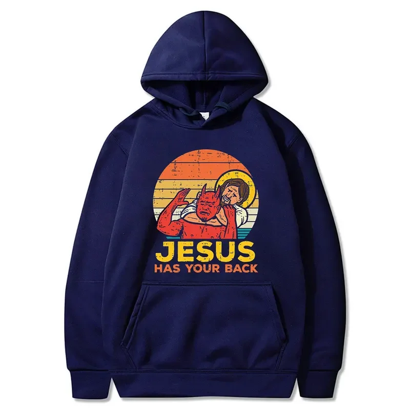 Funny Jesus Has Your Back Jiu Jitsu Retro Christian Hoodie Men's Fashion Vintage Long Sleeve Oversized Sweatshirt Streetwear