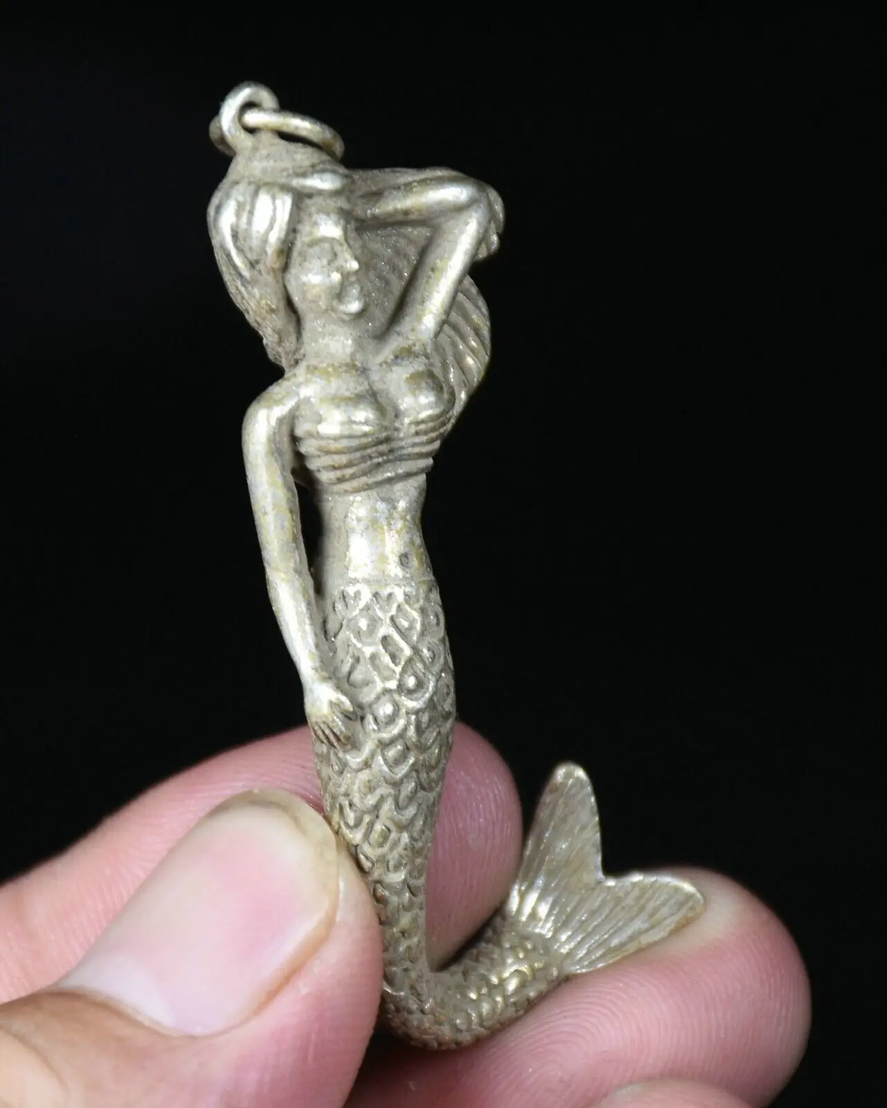 6CM Rare Old Chinese Miao Silver Feng Shui Mermaid Belle Lucky Pendant