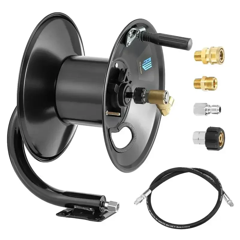 RIDGE WASHER Pressure Washer Hose Reel with Adapter Sets - Mounted Hose Reel for 100 FT 3/8'' Power Wash Whip Hose - 4000 PSI