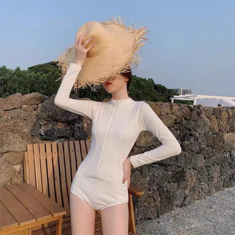 Women's Swimwear 2024  Women Bikini Solid Color Long Sleeve Swimsuit Backless Sexy One-Piece Hot Spring Swimwear M-XL