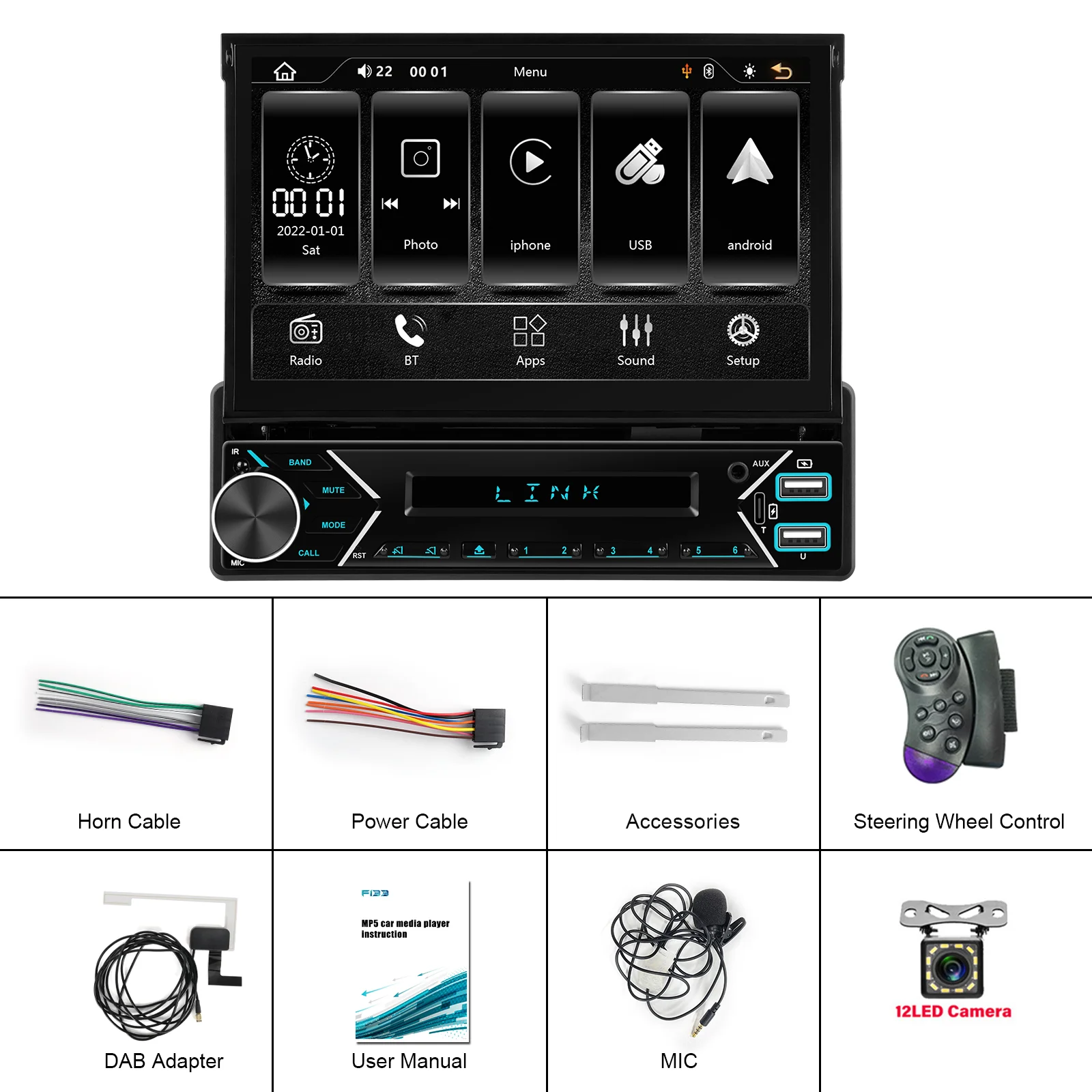 Leekooluu 7 "1 Din Autoradio Auto Intrekbaar Scherm Android Auto Carplay Multimedia Videospeler Met Dab Stuurwiel Controle