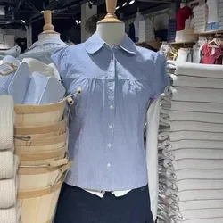Blue Striped Short Sleeve Blouse Women Summer Peter Pan Collar Single Breasted Top Shirt Preppy Style Sweet Blouses Y2k 2025 New