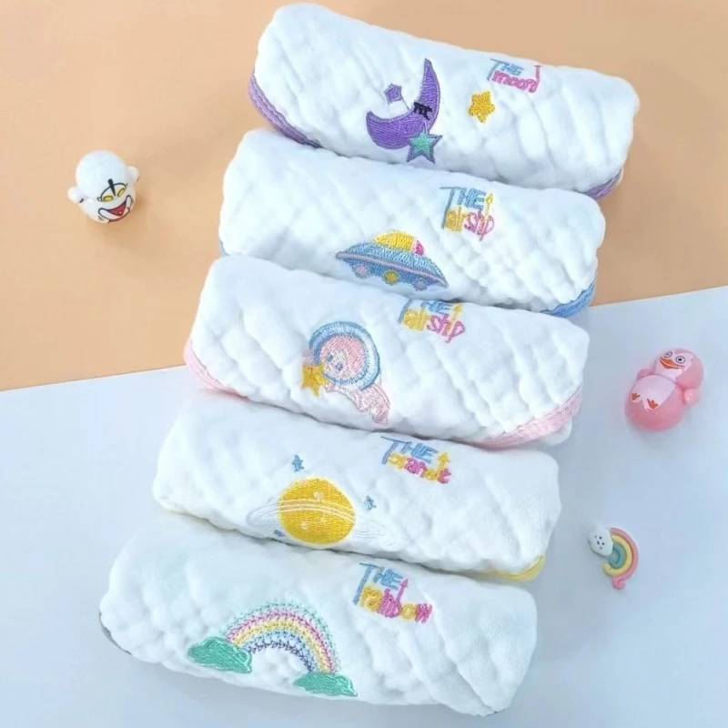 5pcs Embroidery Cotton Baby Face Towel Newborn Baby Items 6 Layer Muslin Baby Bibs Handkerchief Saliva Towel Feeding Burp Cloths