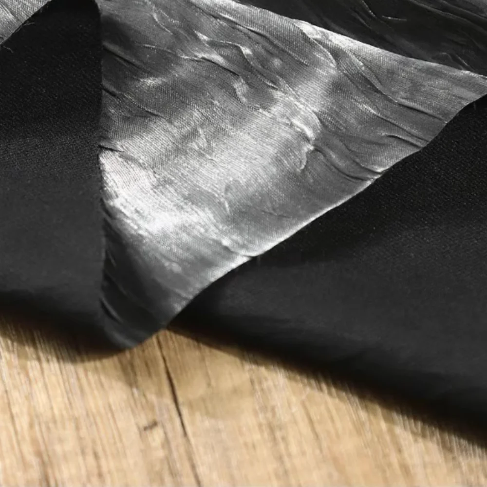

Black Silver Pleated Two-color Pressed Fabric for Micro Shiny Outerwear Skirt Clothing Designer Cloth diy Sewing Material