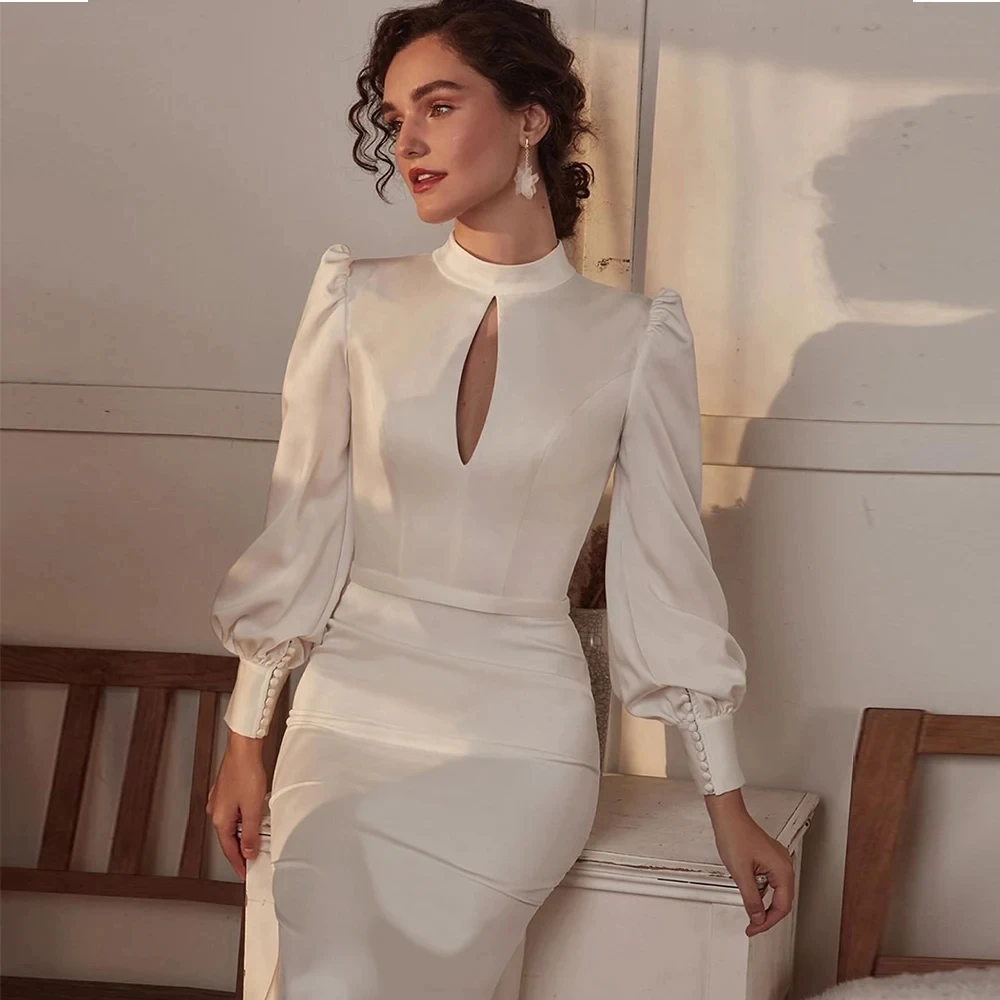 

Classic Graceful Wedding Dresses For Women 2024 High Neck Bridal Gowns Long Puff Sleeves Elegant Mermaid Vestidos De Novia 2023