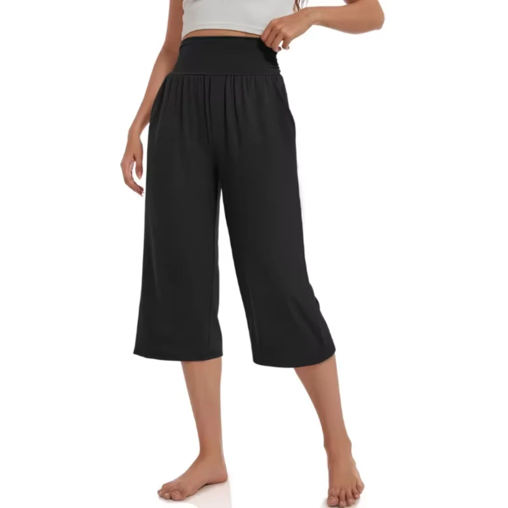 Fashionable High-Waist Seven-Eighths Pants with Side Shirring for Plus-Size Ladies