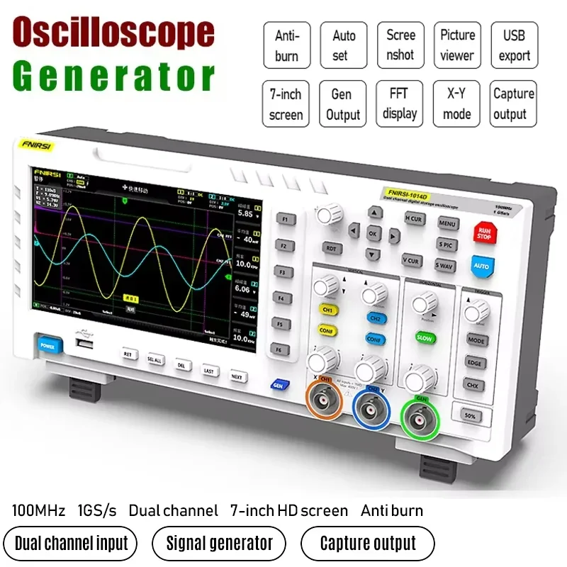 Oscilloscope numérique FNIRSI 1014D 2 en 1, production de Signal à double canal, 100MHz x 2, bande passante ana-log, plaque de ponçage 1GSA/s