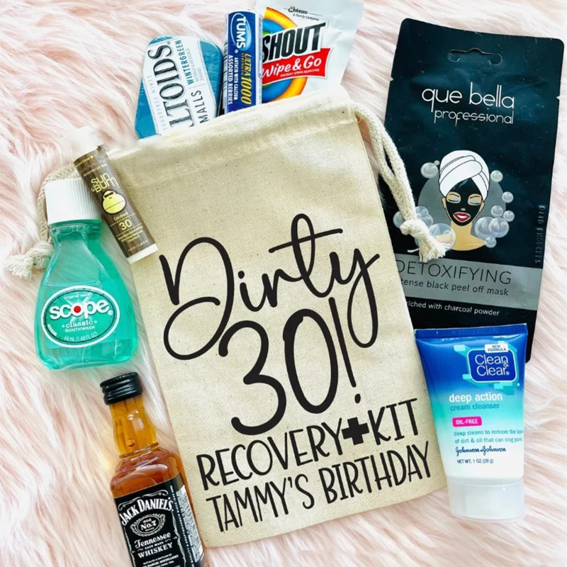 

5pcs Personalized Name Dirty 30 Birthday Recover Kit Drawstring Gift Pouch Birthday Party Weekend Home Table Decoration Supplies