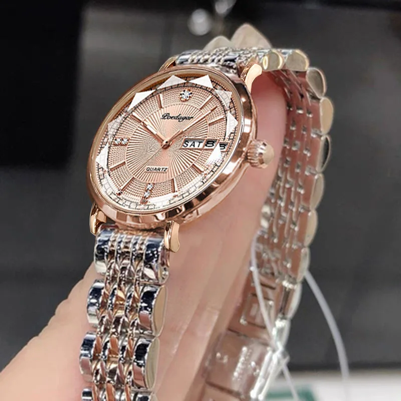 Reloj de pulsera de cuarzo para mujer, resistente al agua, doble calendario