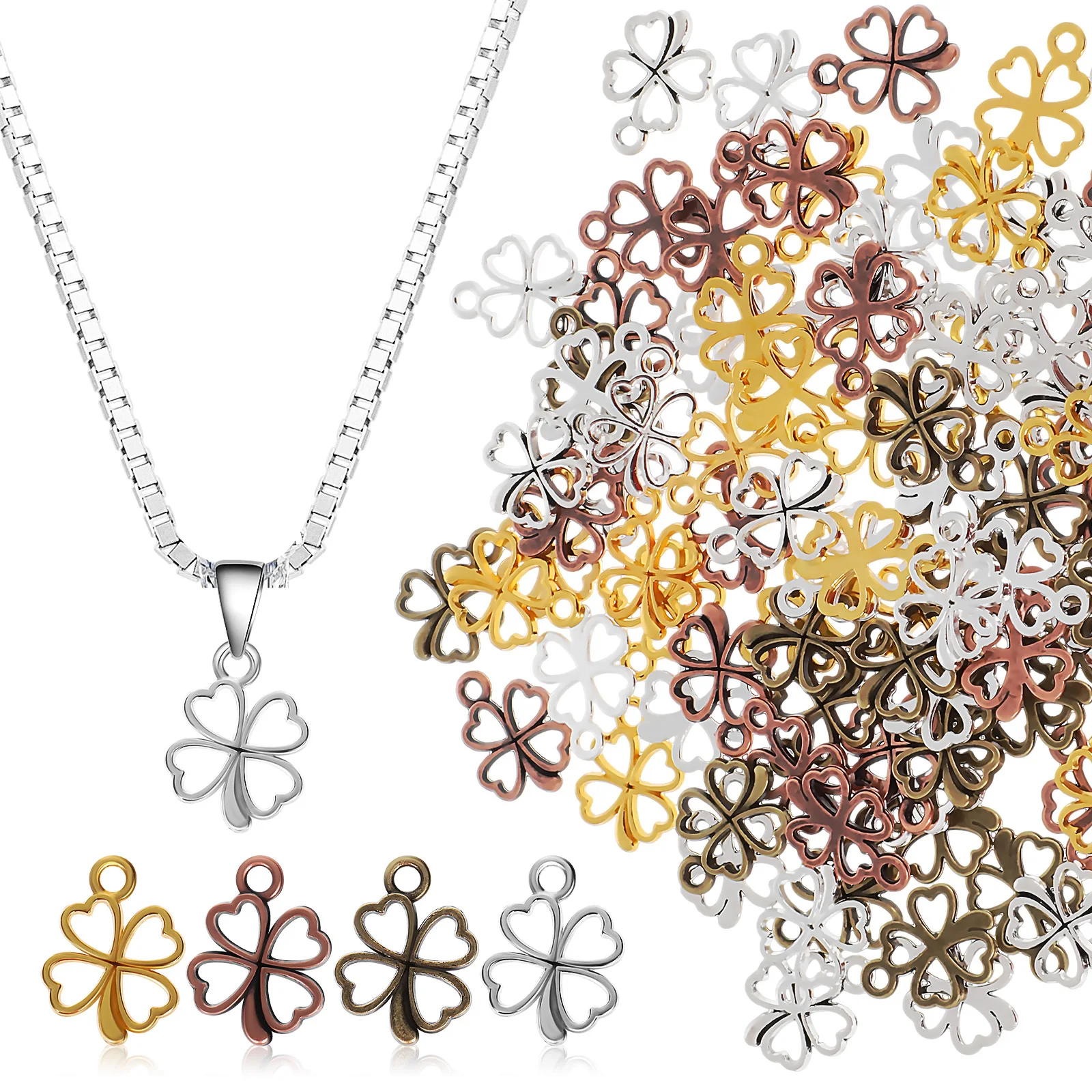 

100Pcs Four Leaf Lucky Pendant Alloy Charms for Jewelry Making Keychain Accessories Lucky Charm Decorations Bulk Supplies