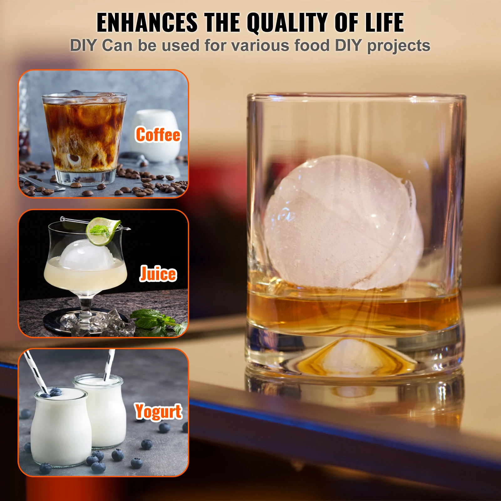Kulista lodowa kulka krystalicznie czyste whisky forma w kształcie tacy bez bąbelków forma do robienia kostek lodu dla restauracji barowej VEVOR 6cm