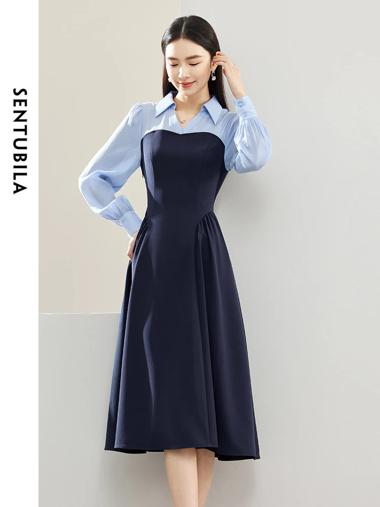 

SENTUBILA Contrast Spliced Lapel Woman Dress 2024 Spring Elegant Fashion Straight Long Sleeve Midi Dresses Clothing 141L53330