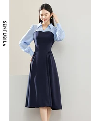 SENTUBILA Contrast Spliced Lapel Woman Dress 2024 Spring Elegant Fashion Straight Long Sleeve Midi Dresses Clothing 141L53330