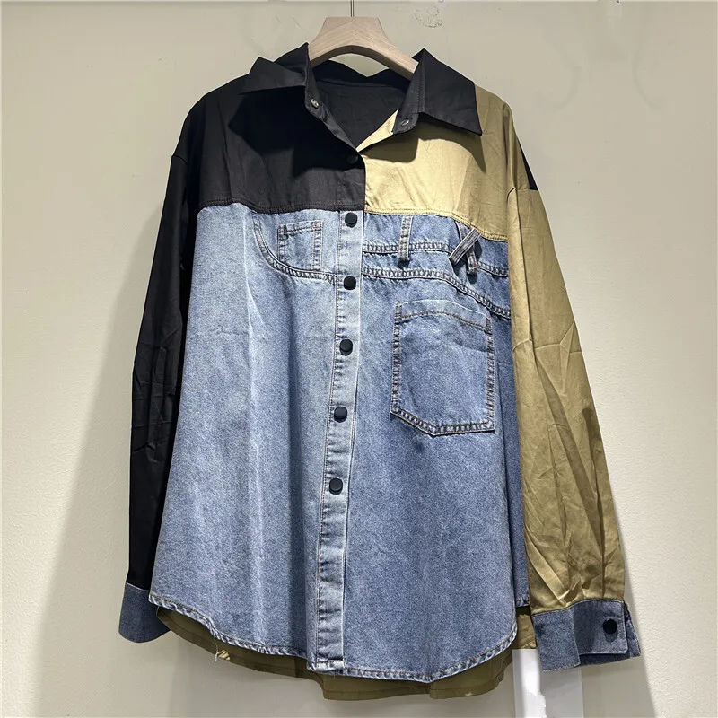 [EWQ] Long Sleeve Single-breasted Loose Shirt Splicing Denim Contrasting Color Shirt Fashion Streetwear Top 2025 Spring 16O3990