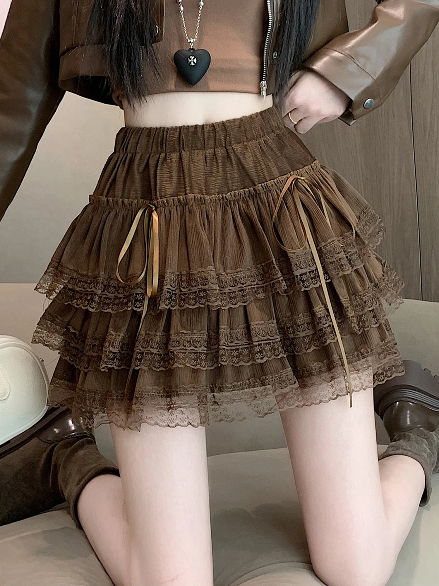 Women Brown Lace Mesh Skirt Ballet Style Y2K Gyaru Vintage Mini Skirts High Waist A-Line Puffy Mini Skirt for Women Summer 2026