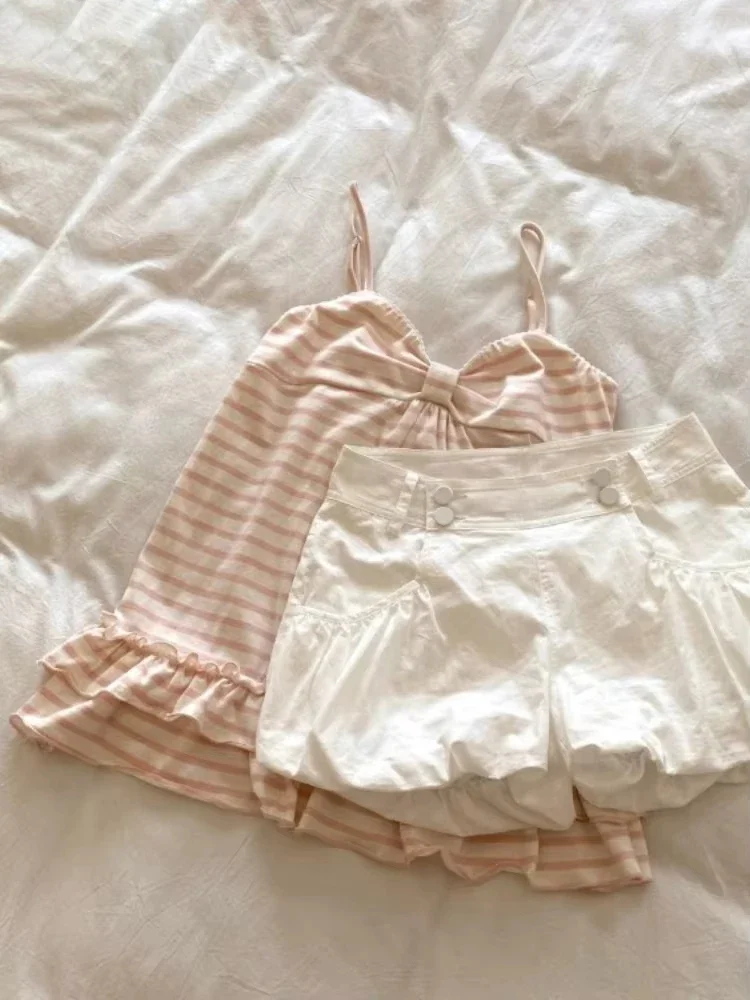 سترة يابانية حلوة ملابس نسائية عتيقة مخططة بدون أكمام تي شيرت موضة الصيف كاميس الكشكشة سليم صالح خمر تانك Ropa Mujer #6