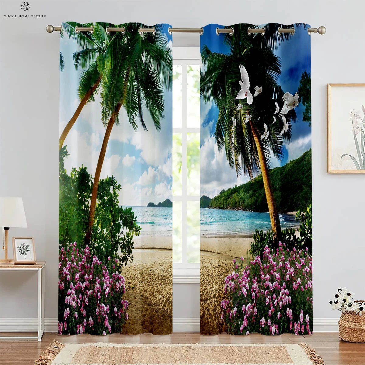 

Seaside Scenery Coconut Tree 3d Stereo Printing Curtains 100% Polyester Bedroom Living Room Kitchen Window Decoration Curtains