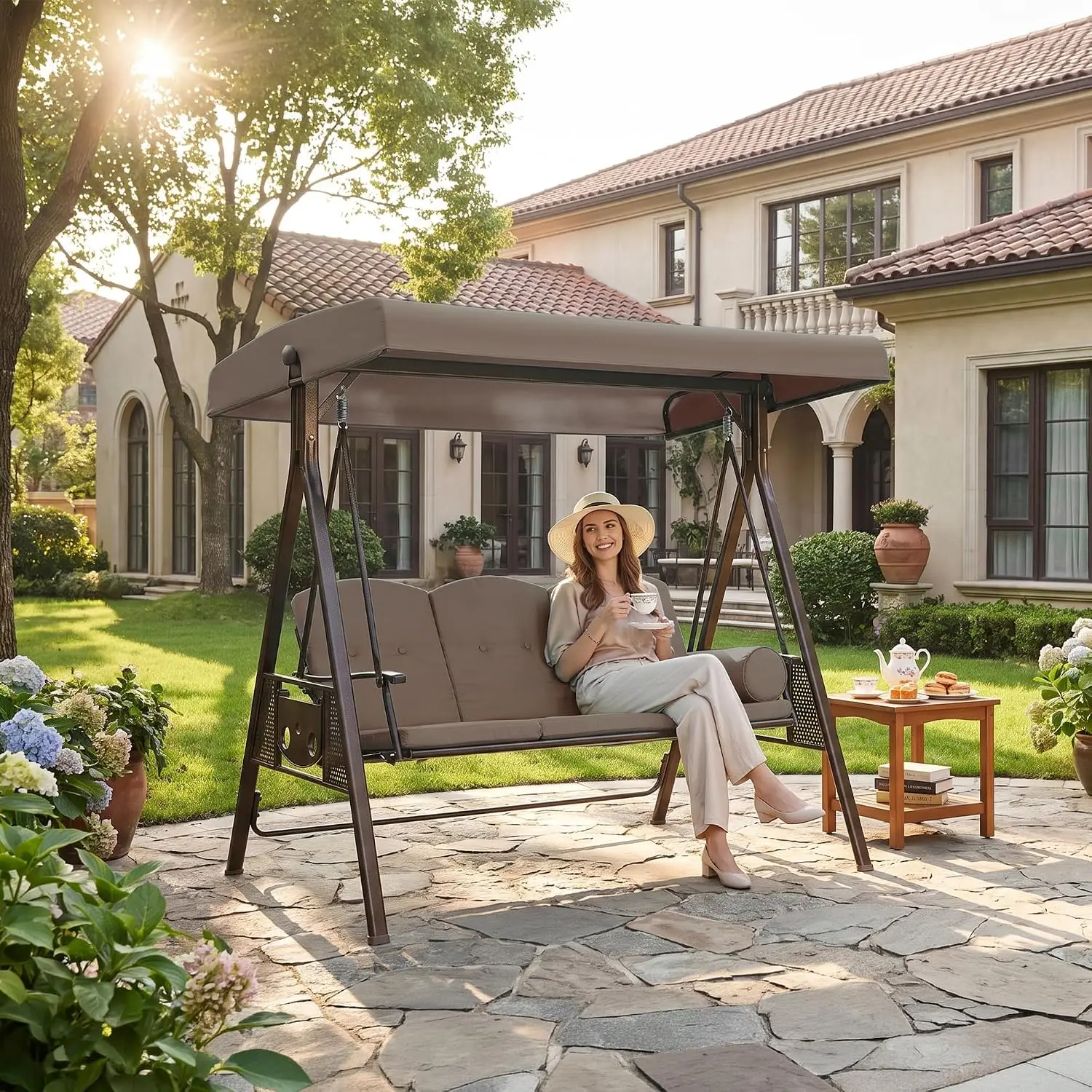 Outdoor Porch Swing for Adults Rust-Resistant Coated Iron Beige, Customized
