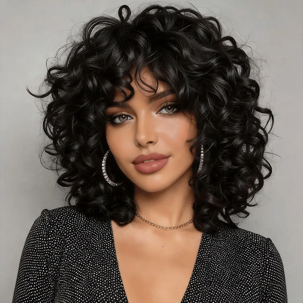 

Black Short Loose Afro Curly Wig with Bangs, Glueless Synthetic Natural Looking Wig for Black Women Daily Wear