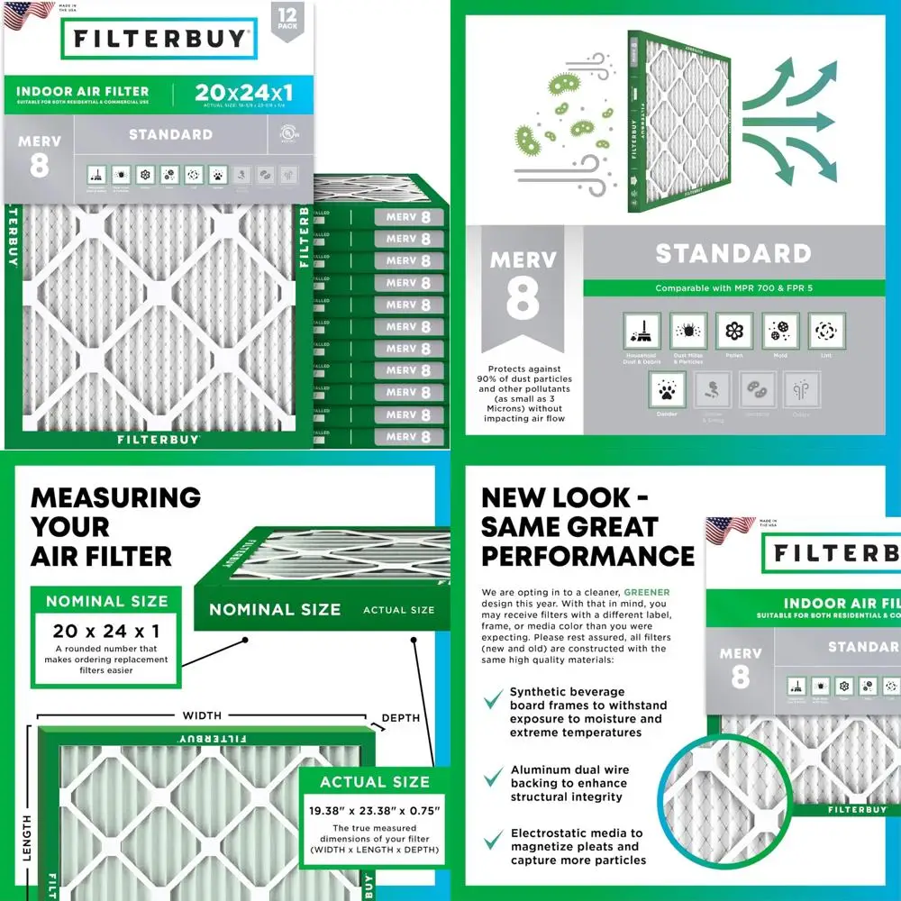 12-Pack MERV 8 Pleated Air Filters 20x24x1, Dust Defense Replacement for HVAC AC Furnace Systems