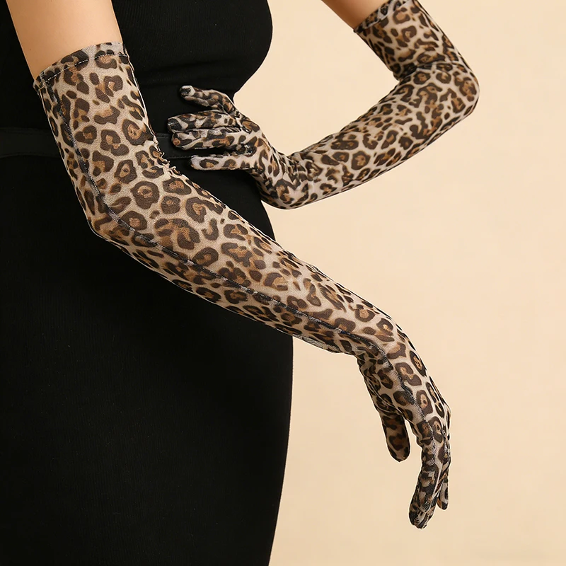 55cm Damen Leopardenmuster Lange Dünne Netz-Handschuhe Party Halloween Cosplay Stretch Musikfestival Bühnenauftritt Atmungsaktiv Weich – Detail 4