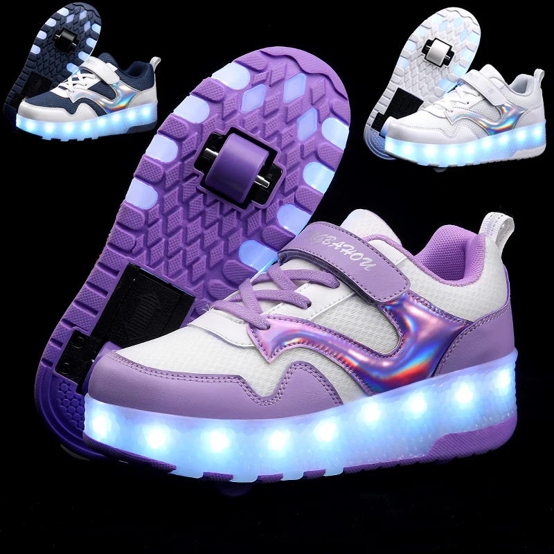 Purple Fashion Girls Boys LED Light Roller Skate Shoes for Children Kids Sneakers with Wheels Two Wheels Sneakers for Boys Kids