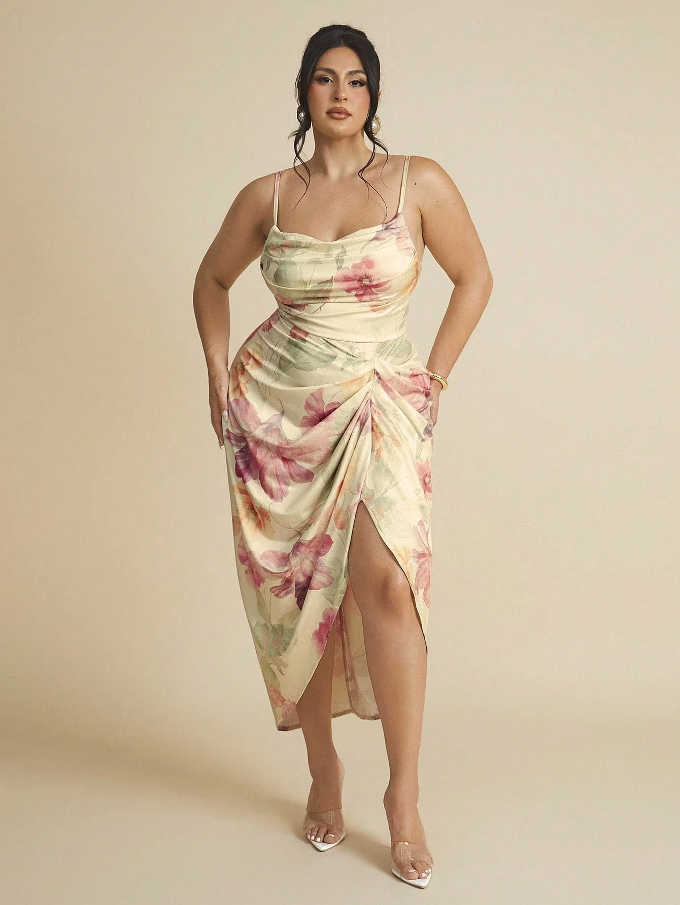 

Floral Print Ruched Dress With Slit And Off Shoulder Top For Women