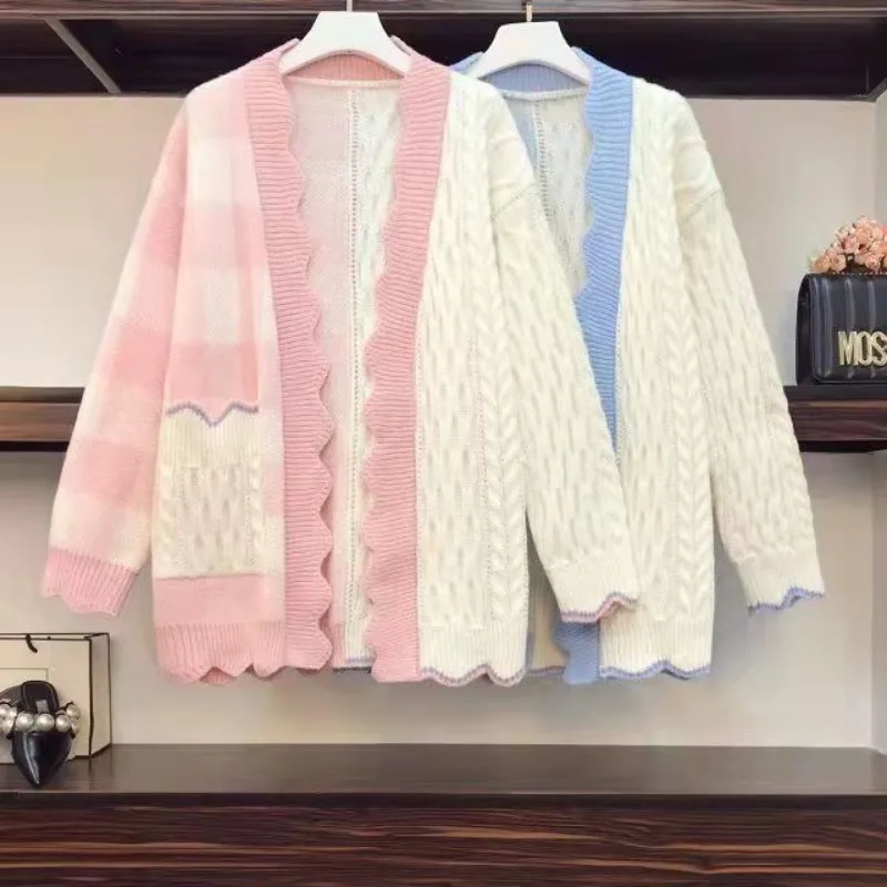 Sweet Patchwork Cardigans for Women Fashion Sweaters Aesthetic Autumn Girlish Coat Loose Chic Knitted Designed Tender Feminine