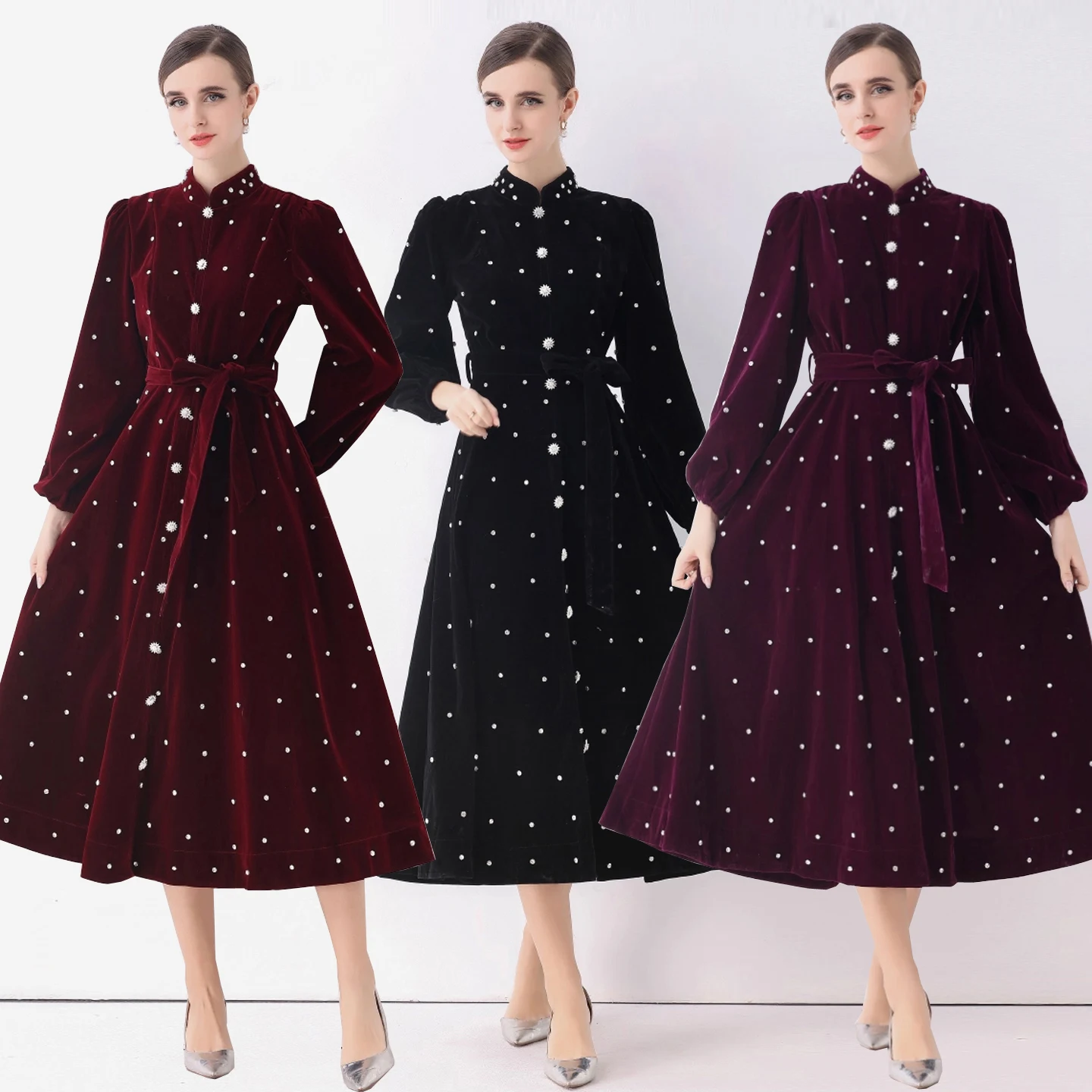 

Briti Sle Heavy Embellied Velvet Warm Dr Celebri Sle Женское длинное платье трапециевидной формы с высокой талией на пуговицах Dr