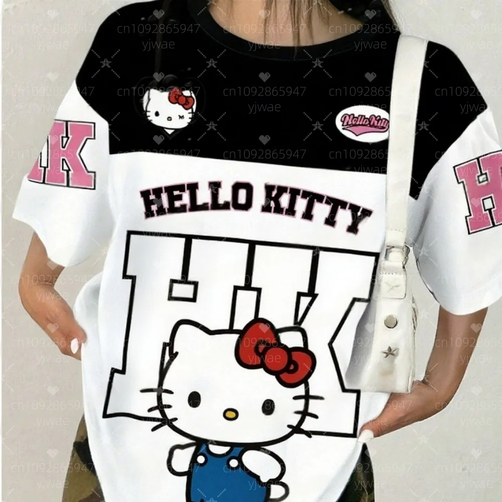 2025 Camiseta de manga corta con cuello redondo y estampado de hello kitty de dibujos animados para mujer, camiseta de verano, camisetas de béisbol, Camiseta deportiva de gran tamaño a rayas