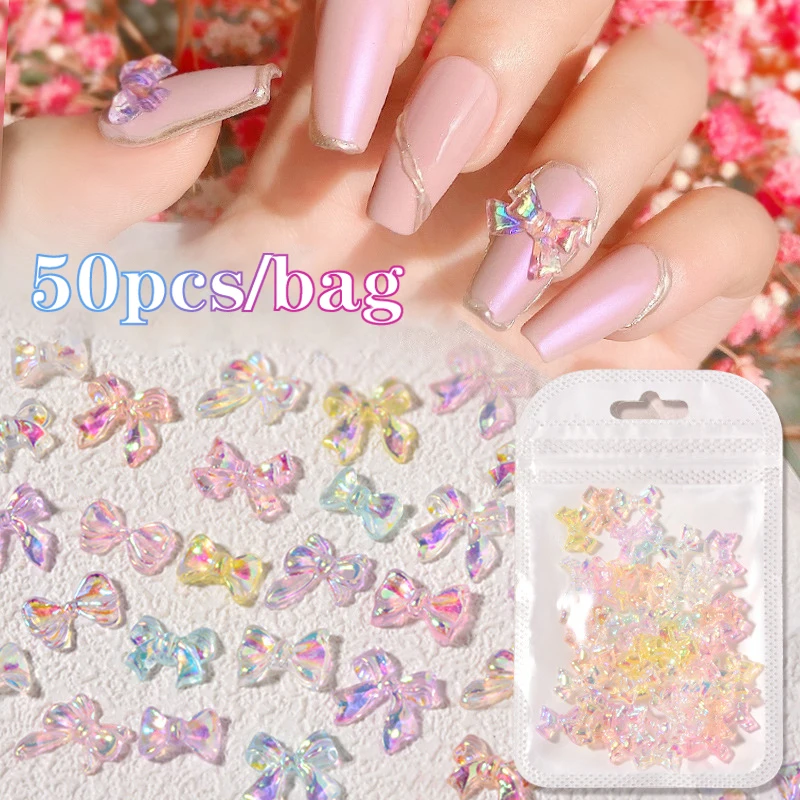 50pcs Jelly Ribbon Bowknot Nail Art Charms 3D Colorful Transparent Color Summer Nail Decoration Korea Auroras Nail Decor