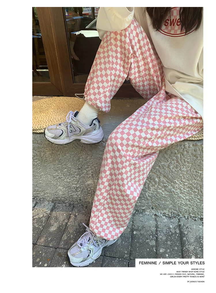 Thin Sweatpants Women Pink Plaid Pants 2024 Spring Summer Casual Pants Beam Feet Trousers Female Loose High Waist Wide Leg Pant