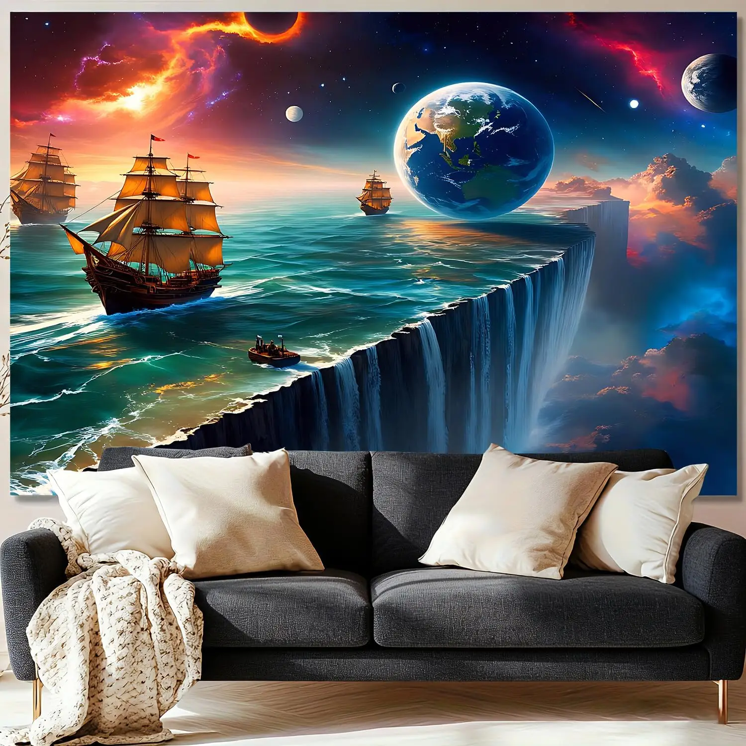Fantasy Sailing Ship Tapestry,Cosmic Ocean Waterfall Earth Print Large Wall Hanging for Bedroom Living Room Aesthetic Home Decor