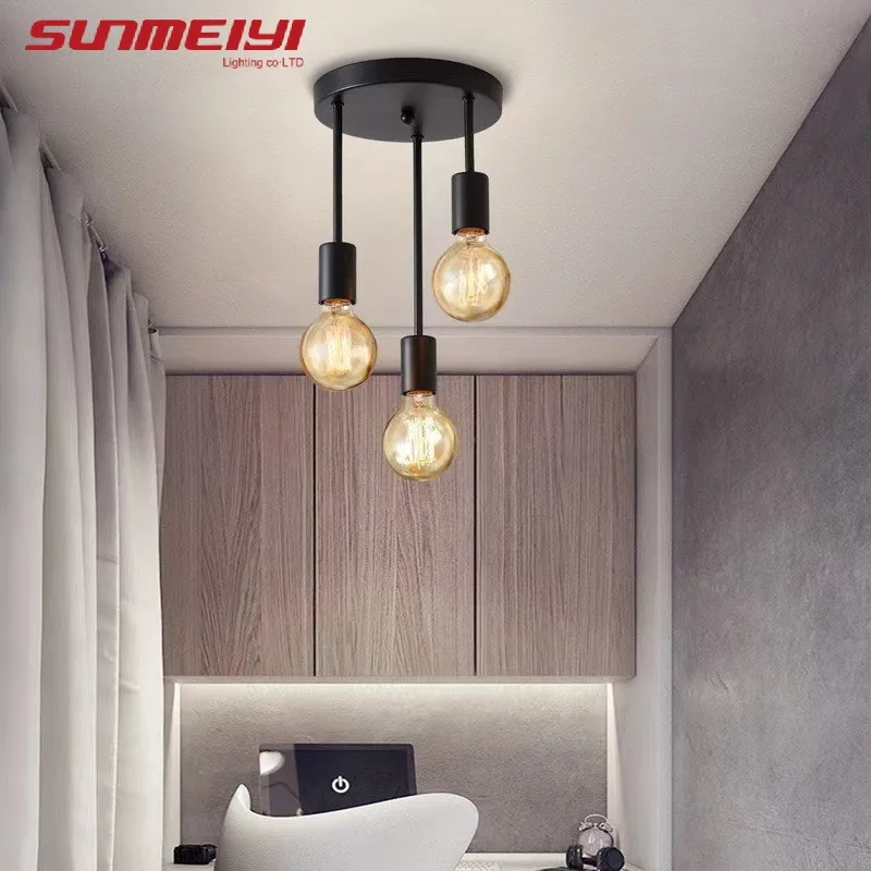 Lámpara de techo con Base de bombilla E27 de cuatro cabezales, moderna, sencilla, negra, adecuada para entrada, dormitorio, cocina, pasillo, 1 ud.