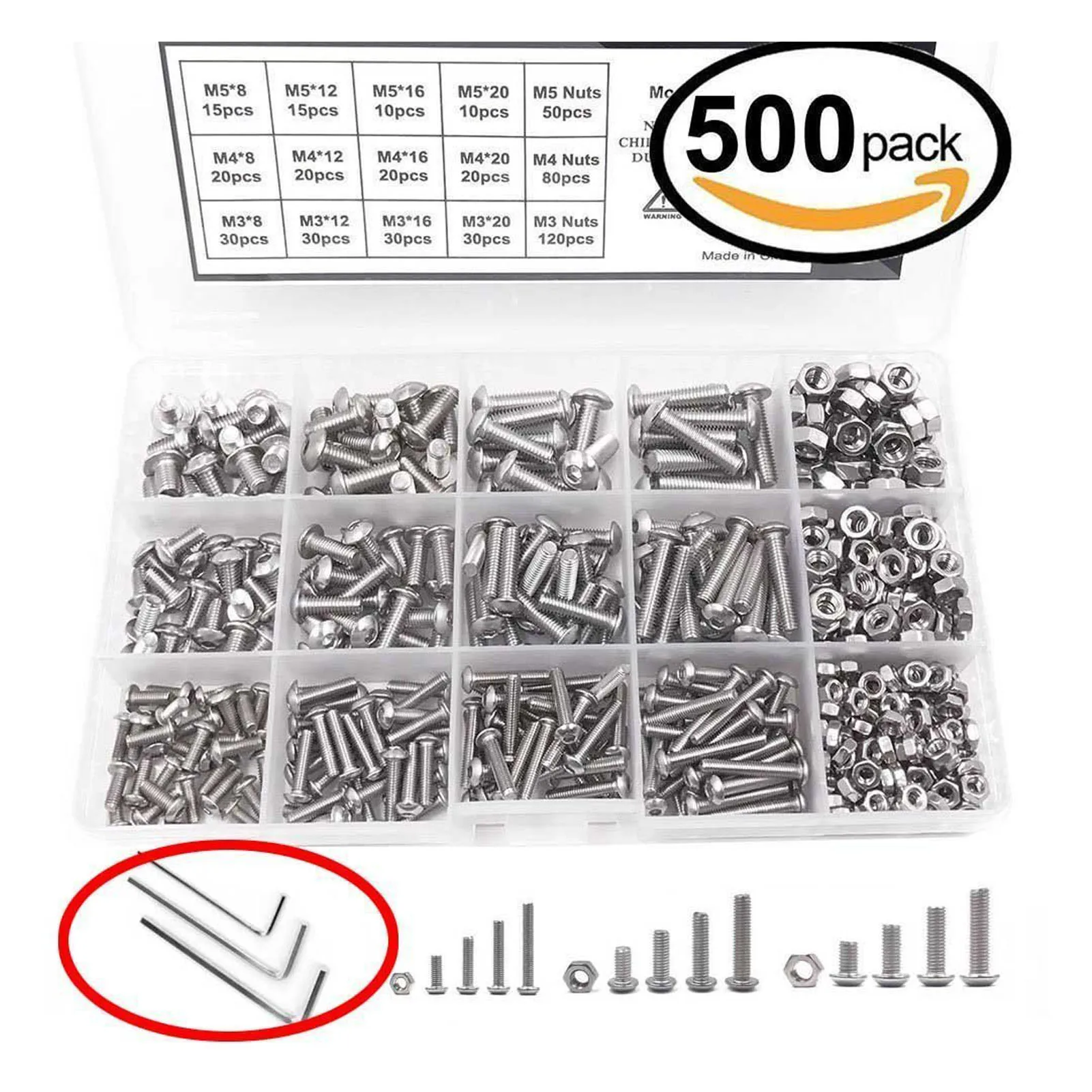 

500PCS Pan Head Hex Socket Screws Stainless Steel Screw Nut Assortment Kit for Automobile Makin