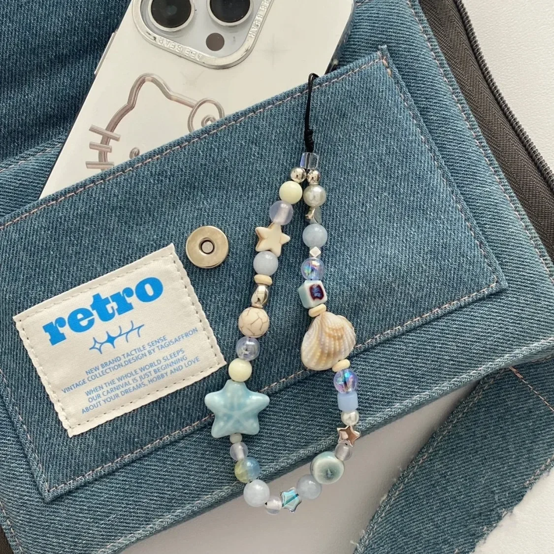 Ins azul oceano estilo pequeno fresco concha estrela frisado telefone colhedores casual bonito menina caso do telefone móvel ccd pingente chaveiro cinta