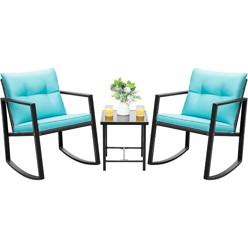 Devoko 3 Piece Rocking Bistro Set Wicker Patio Outdoor Furniture Porch Chairs Conversation Sets with Glass Coffee Table (Blue)