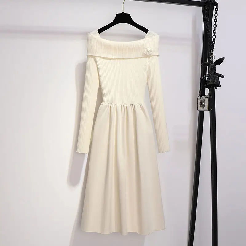 Vestido suéter adelgazante Y2K elegante a la moda para mujer, vestido de punto liso con hombros descubiertos de estilo francés, otoño 2025