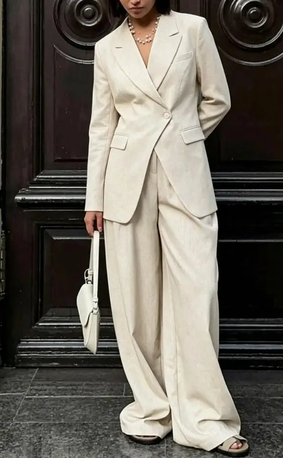 Women Beige Linen Lapel Blazer Wide Leg Pants Suit Notched Collar Straight Cuff Outfit 2026 Office Commute Elegant Street Sets