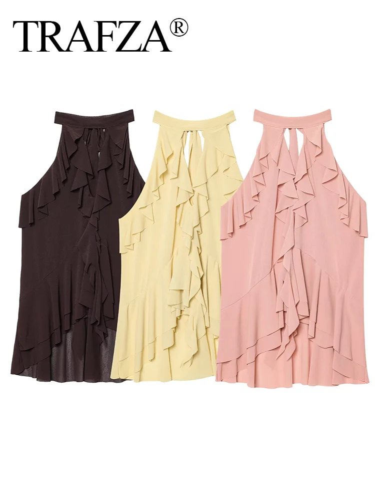 

TRAFZA Women's Casual Layered Decorative Hanging Collar Top Summer Female Classic Casual Temperament Solid Sleeveless Blouses