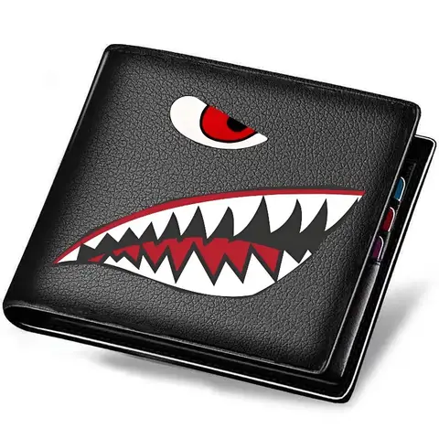 Men's Black Faux Leather Wallet with Shark Mouth Design Slim Credit Card Holder Coin Purse Multi-Color Pen Storage Perfect Gift