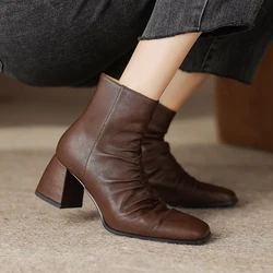 2024 Winter Women Thick High Heeled Sheepskin Ankle Boots Side Zipper Warm Office Pumps New Basic Square Toe Short Boots Shoes