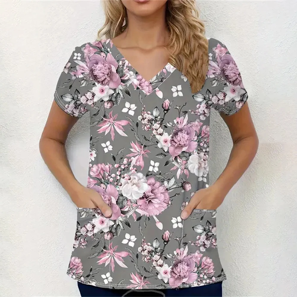 Высококачественный женский матовый топ с принтом в сочетании с v-образным вырезом, мультяшная матовая униформа, тонкий топ для медсестры, женский топ с короткими рукавами, шелковая ткань