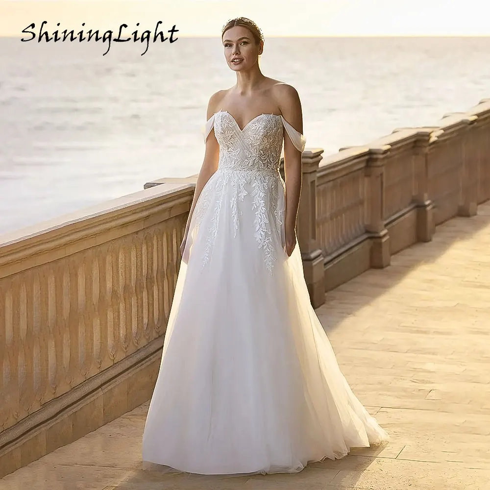 

ShiningLight Off-Shoulder Tulle Wedding Dress for Women Backless Appliques Lace Boho Wedding Bridal Gowns Sweep Train Customized