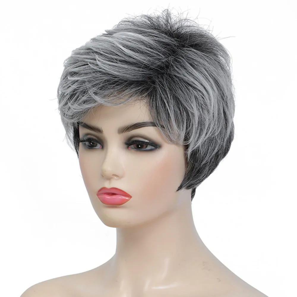 Synthetic Short Wig Natural Gray Fluffy Wigs Soft Mommy Hair Daily Use Women's Straight Textured Hair Party Cosplay Costume Wigs