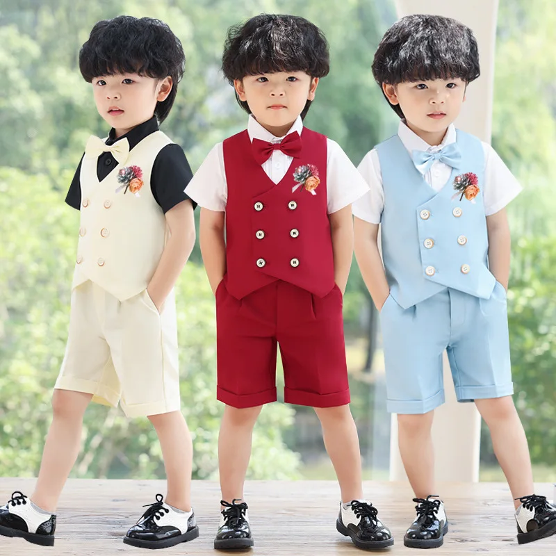 

Children's Vest Suit Boy Summer British Performance Host Wedding Birthday Party Dress Kids Waistcoat Shorts Bowtie Clothes