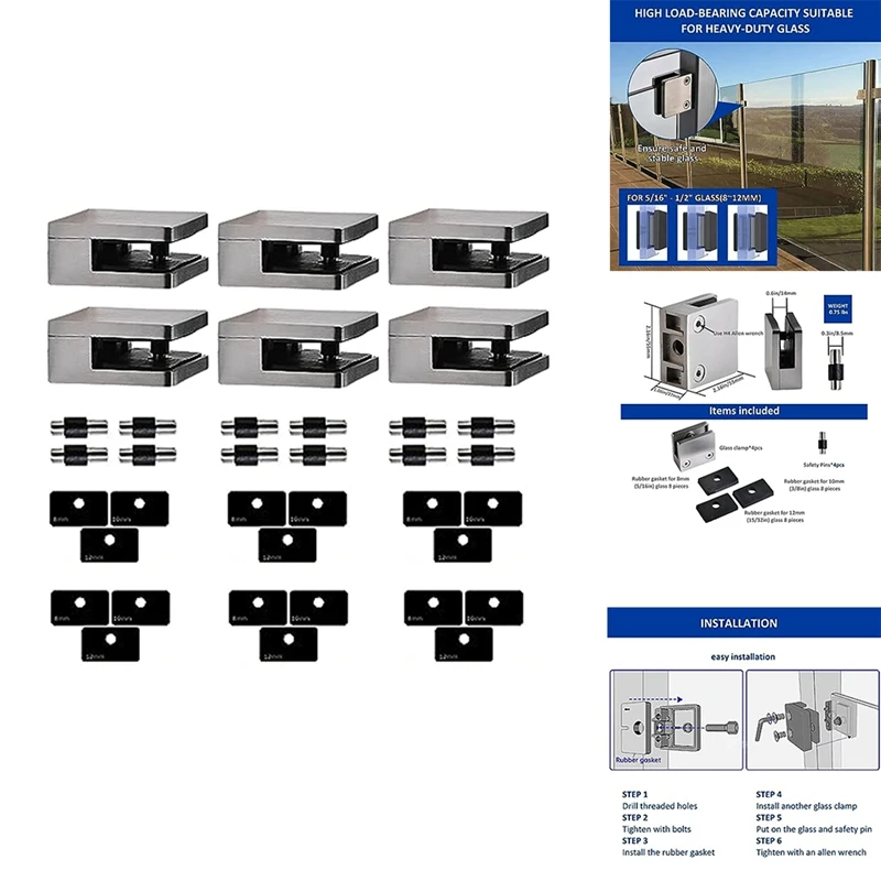 

Stainless Steel Glass Clips, Adjustable Glass Shelf Brackets, Glass Stair Guardrail Fish Mouth Fixing Clips Easy To Use